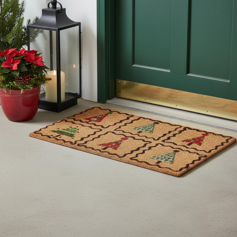 17" X 29" Natural Red and Black Coir Christmas Trees Outdoor Christmas Door Mat HomeRoots