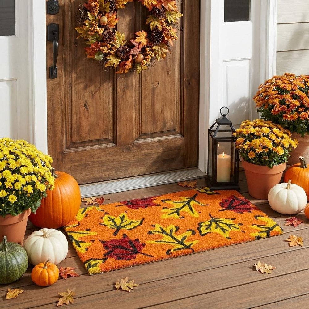 17" X 29" Orange Black And Yellow Leaves Outdoor Coir Door Mat HomeRoots