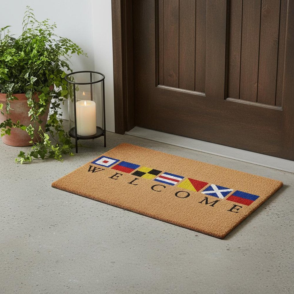 17" X 29" Natural Blue and Red Coir Nautical Flag Welcome Outdoor Door Mat HomeRoots