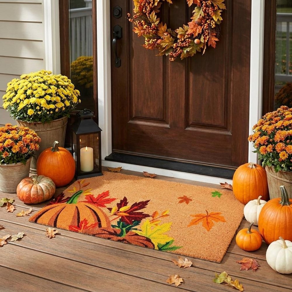 17" X 29" Natural Orange And Green Pumpkins and Leaves Outdoor Coir Door Mat HomeRoots