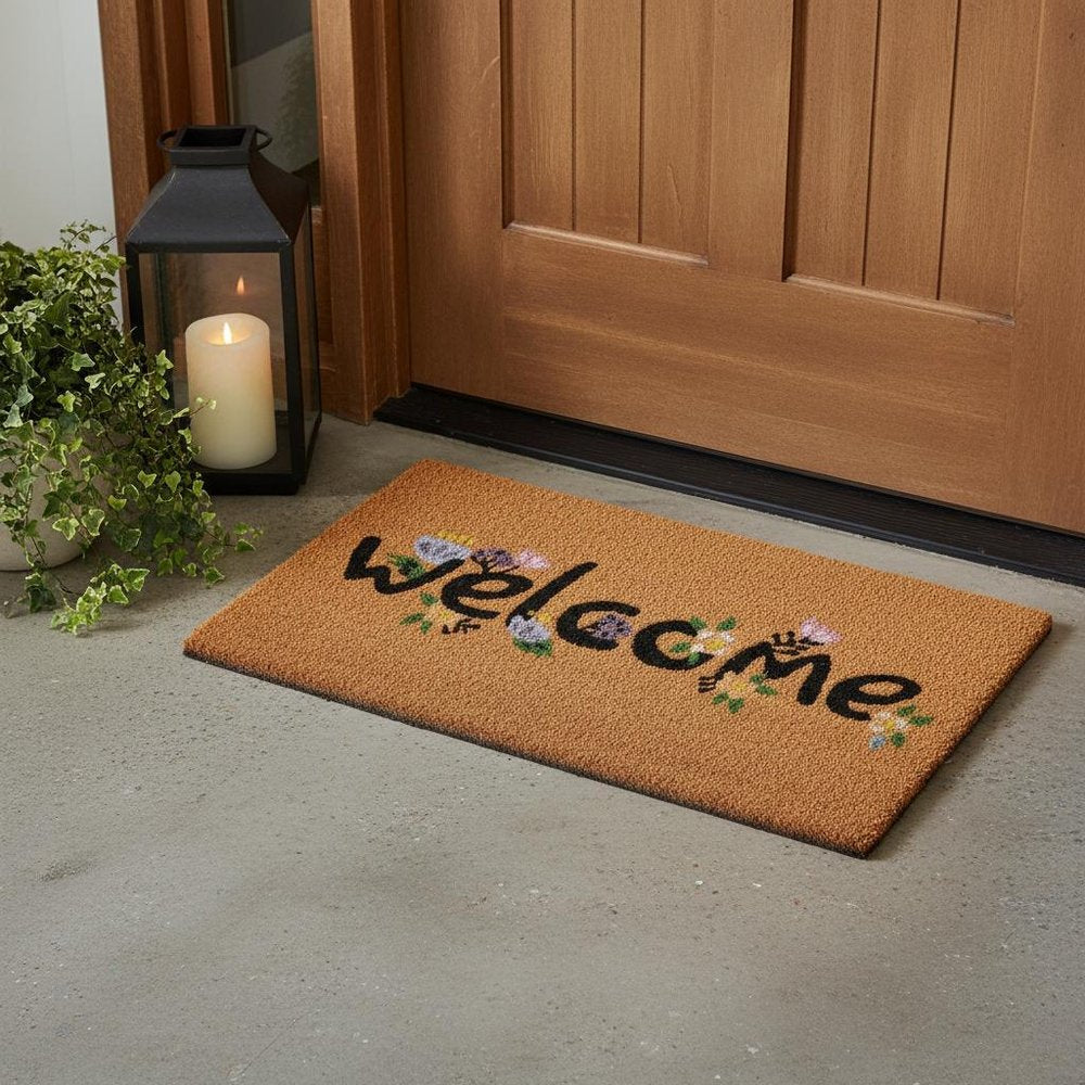 17" X 29" Natural and Black Coir Welcome Outdoor Door Mat HomeRoots