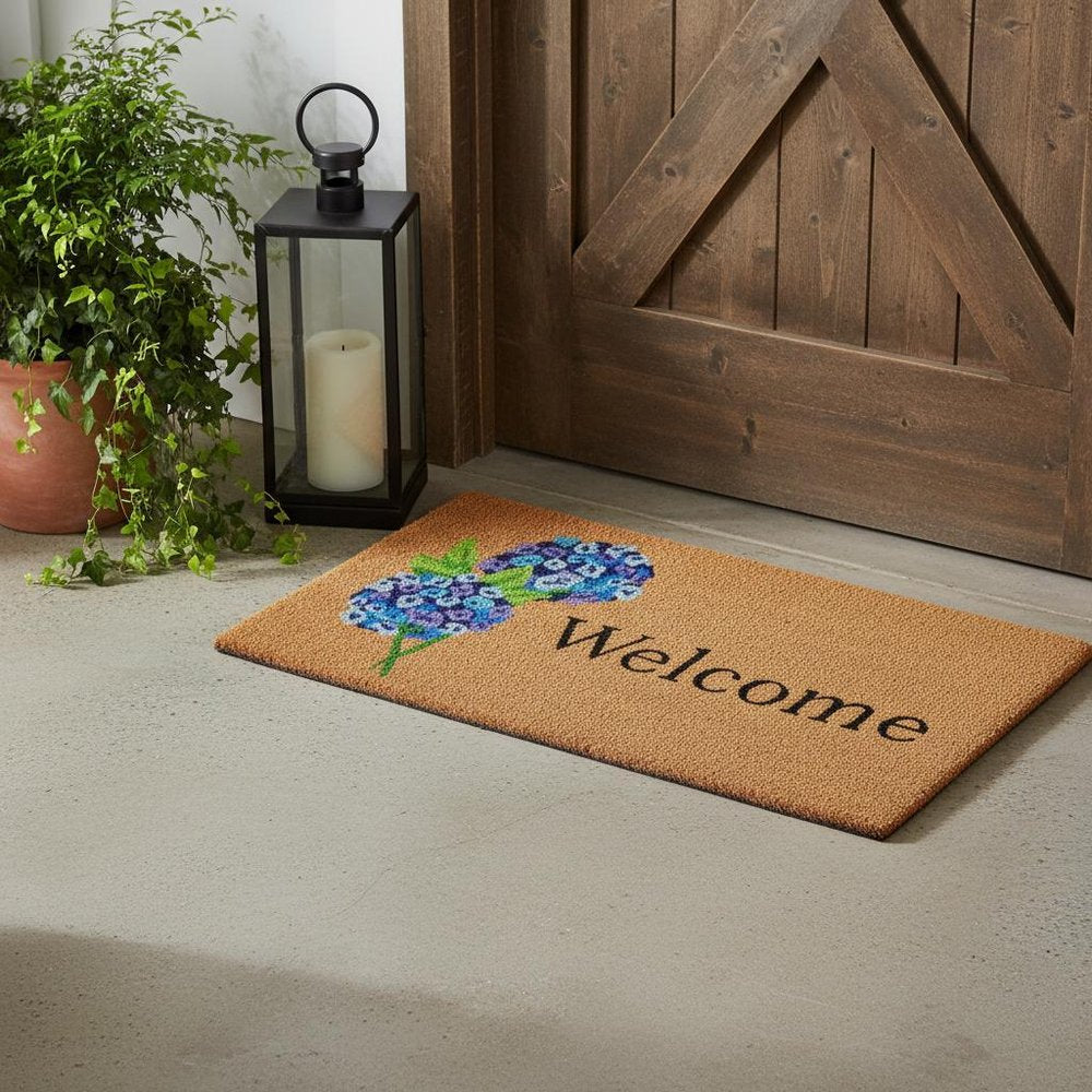 17" X 29" Natural and Blue Coir Floral Welcome Outdoor Door Mat HomeRoots