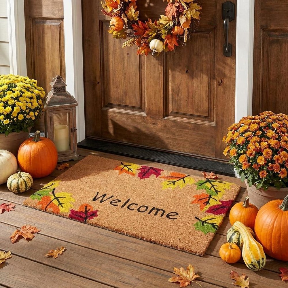 17" X 29" Natural Red And Yellow Leaves Welcome Outdoor Coir Door Mat HomeRoots