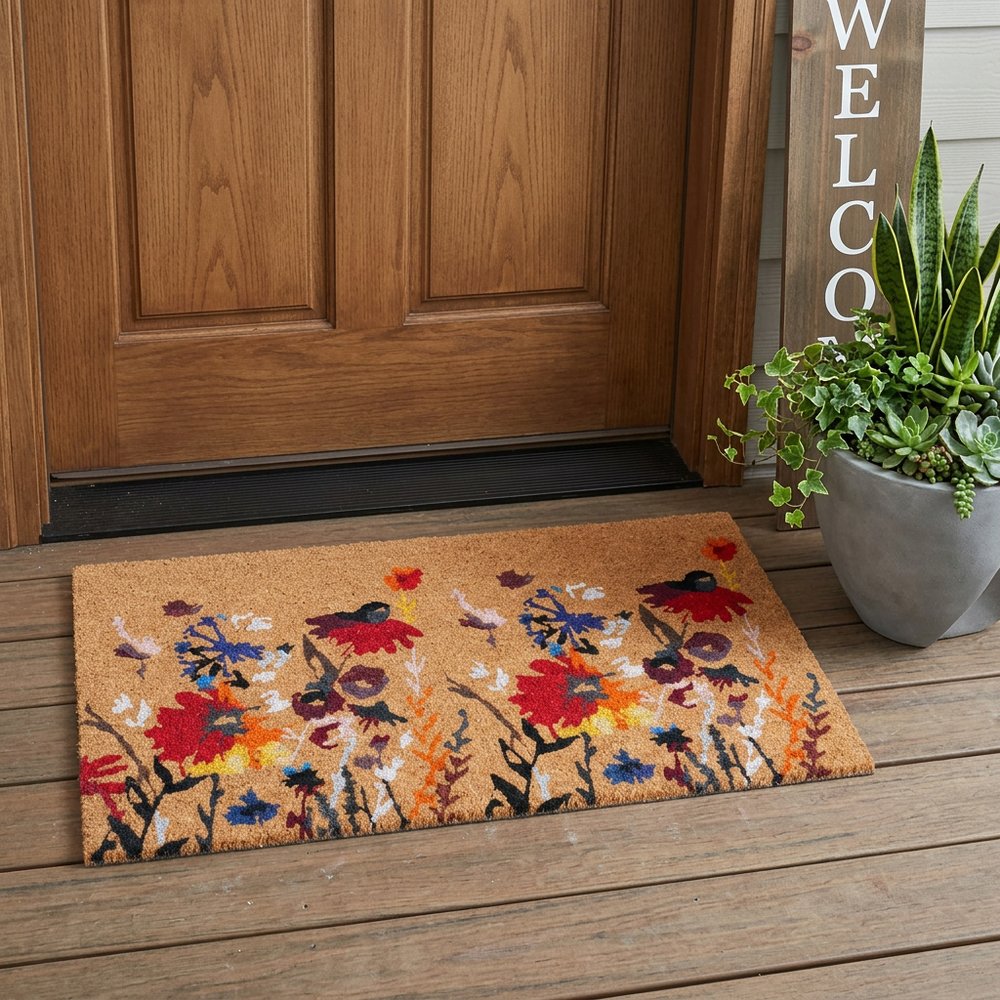 17" X 29" Natural Red and Yellow Coir Floral Outdoor Door Mat HomeRoots