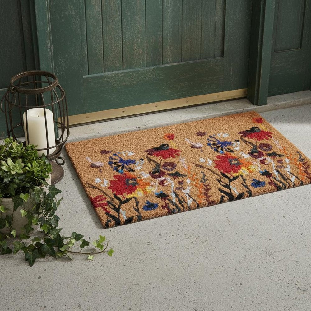24" X 36" Natural Red and Yellow Coir Floral Outdoor Door Mat HomeRoots