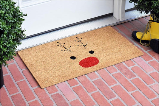 17" X 29" Natural Black and Red Coir Reindeer Outdoor Christmas Door Mat HomeRoots