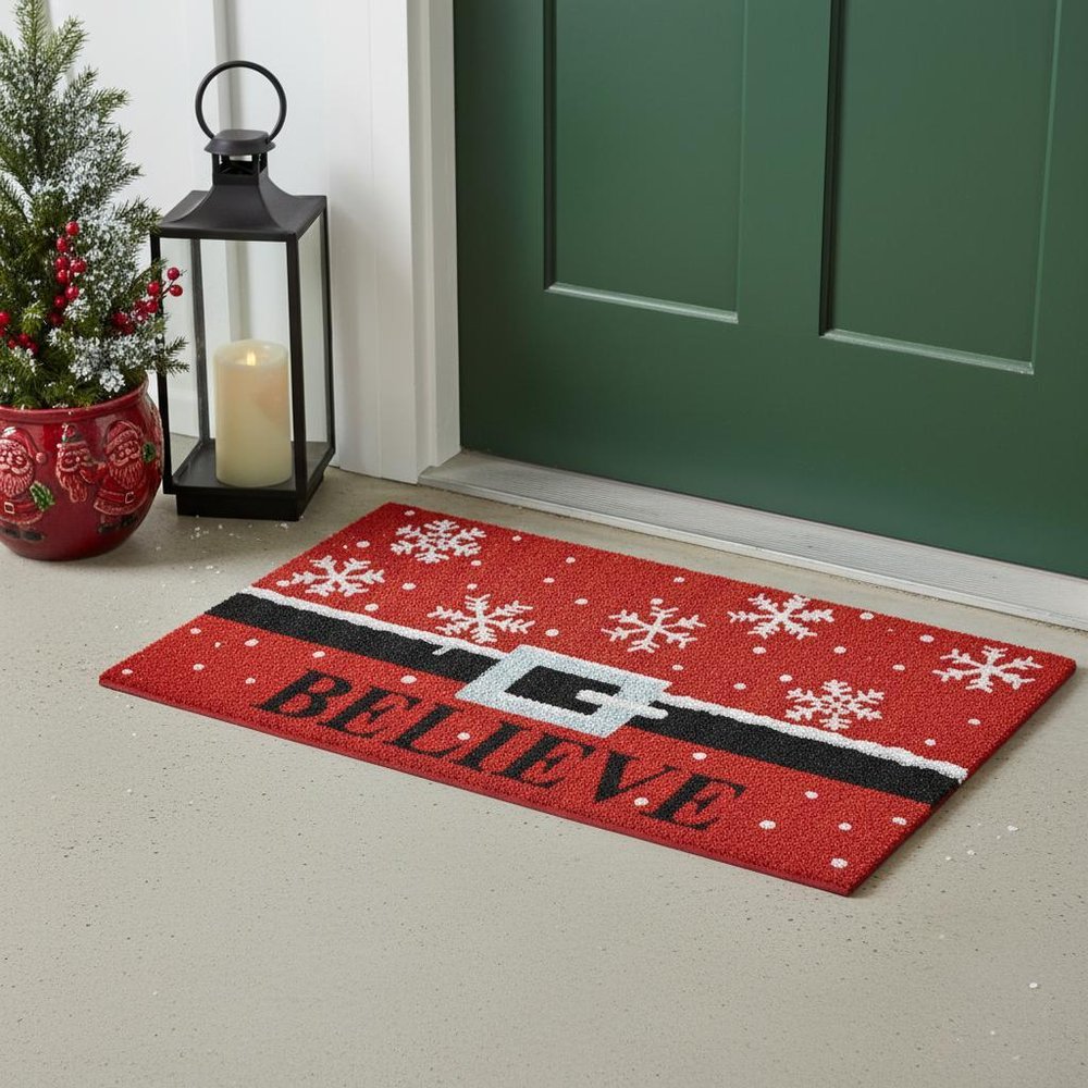17" X 29" Red Black and White Coir Snowflake Believe Outdoor Christmas Door Mat HomeRoots