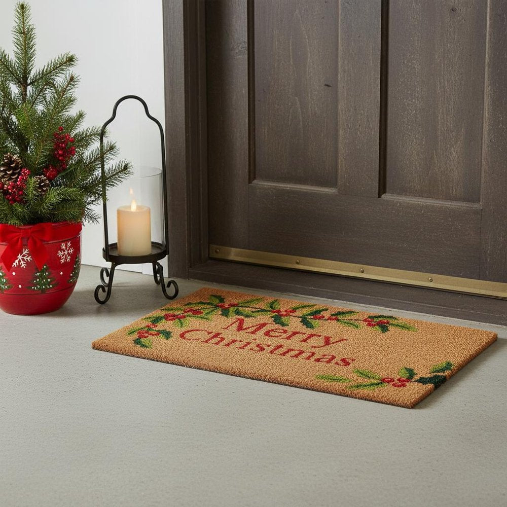 24" X 36" Natural Red and Green Coir Merry Christmas Outdoor Christmas Door Mat HomeRoots