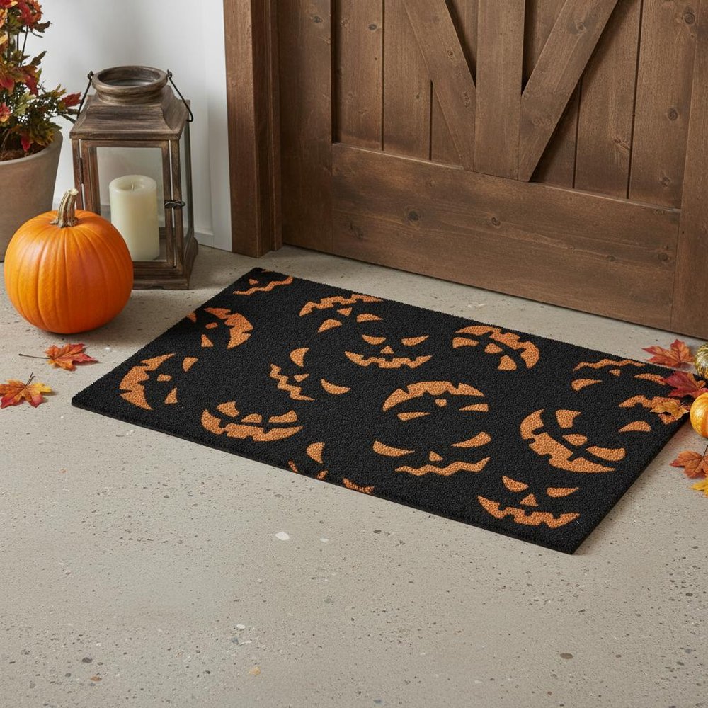 17" X 29" Black and Orange Coir Jackolantern Outdoor Halloween Door Mat HomeRoots