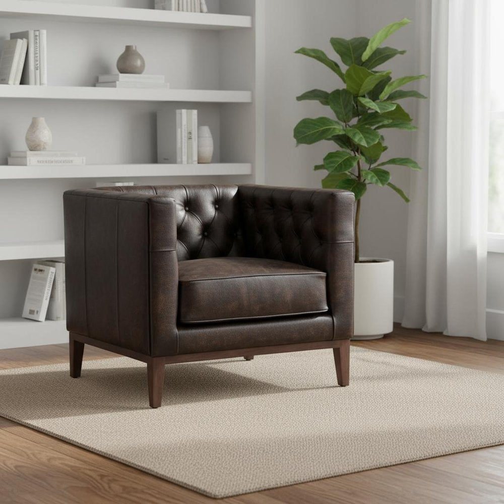33" Brown and Black Antiqued Top Grain Leather Tufted Club Chair HomeRoots