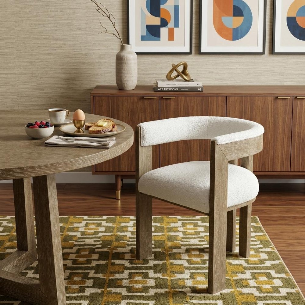 Ivory and Brown Upholstered Boucle Open Back Dining Arm Chair HomeRoots