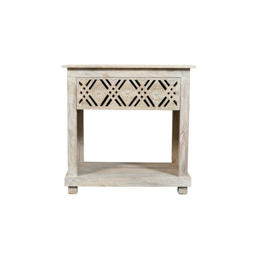 28" White Solid Wood Distressed Carved Geometric One Drawer Nightstand HomeRoots