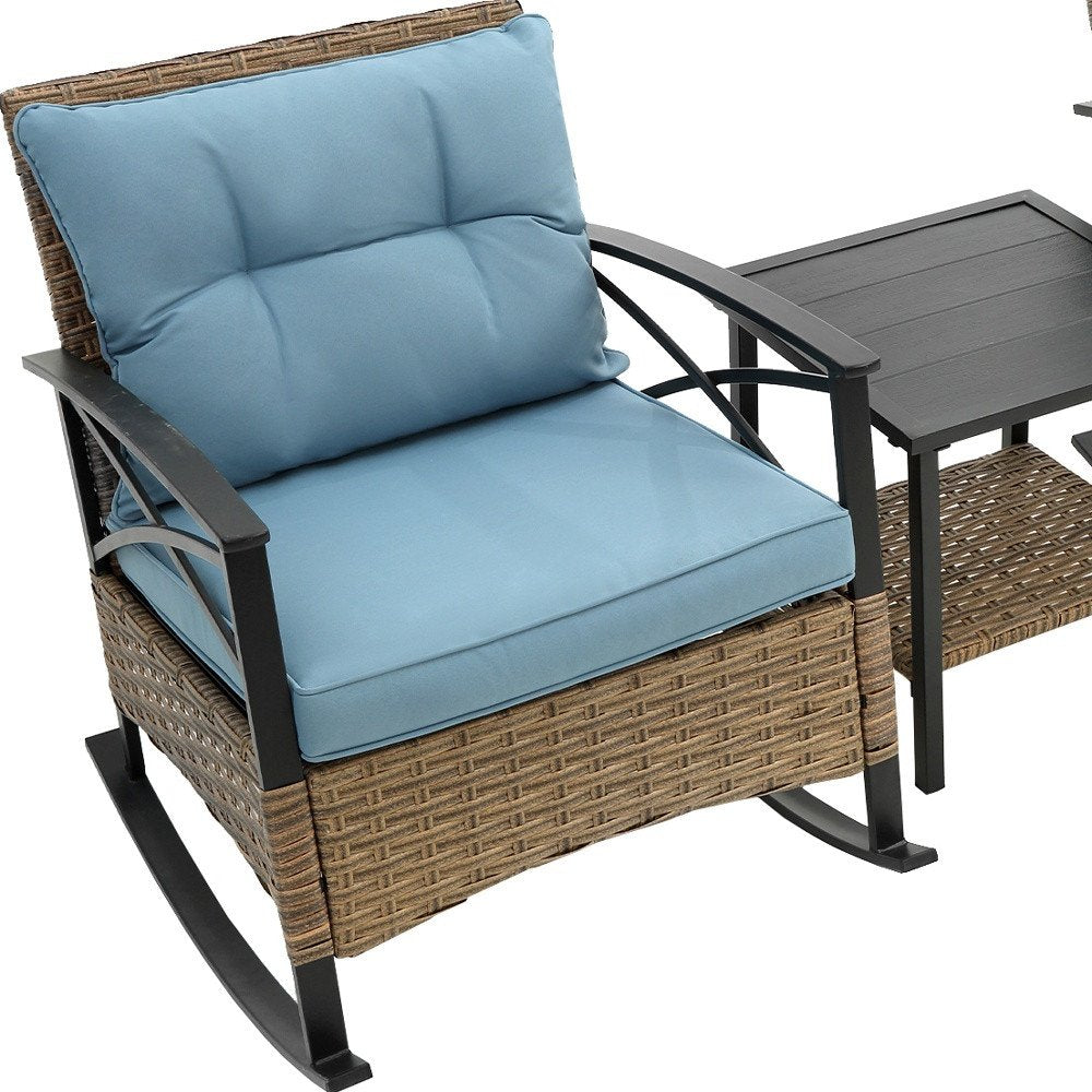 Three Piece Black Natural and Light Blue Rattan Two Person Seating Group With Table HomeRoots