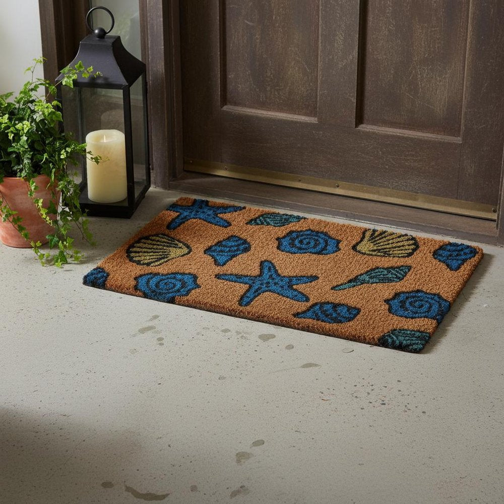 18" X 30" Blue and Brown Coir Seashells Outdoor Door Mat HomeRoots