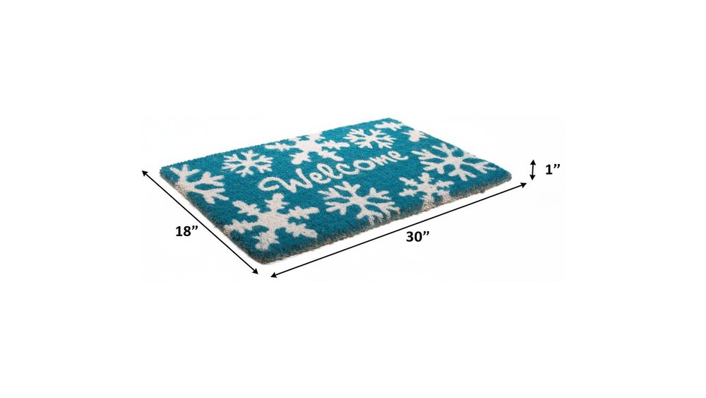 18" X 30" Aqua Blue and White Coir Snowflake Welcome Outdoor Winter Door Mat HomeRoots