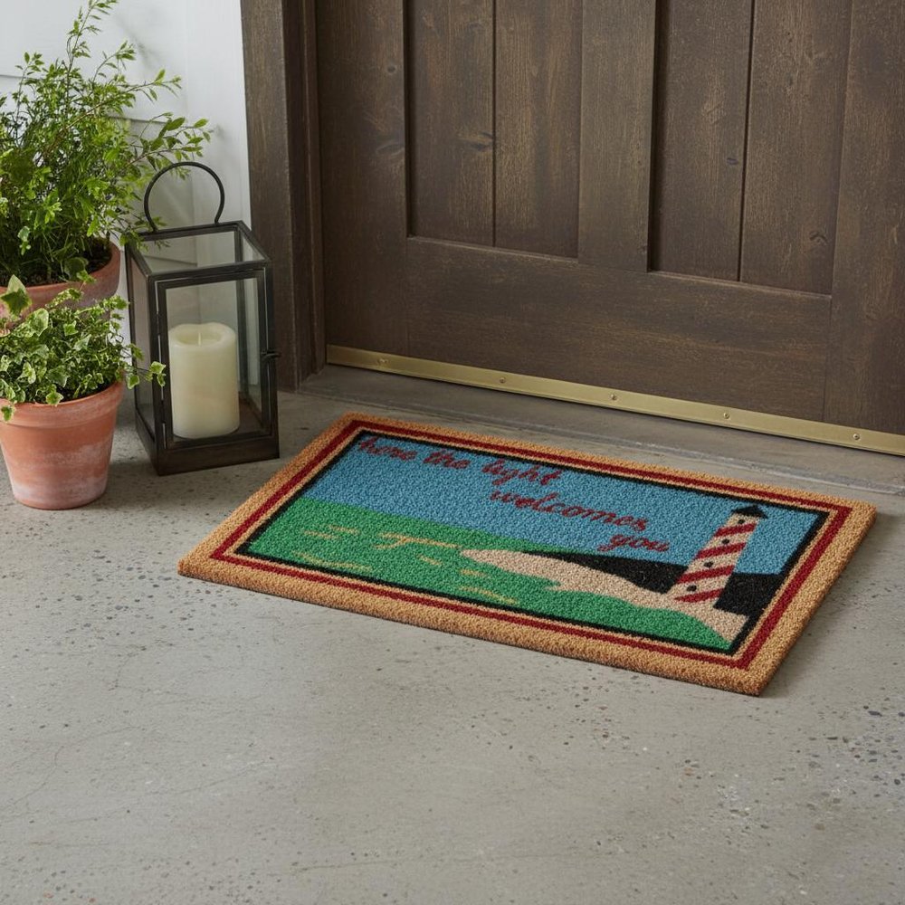18" X 30" Brown Coir Lighthouse Here The Light Welcomes You Outdoor Door Mat HomeRoots