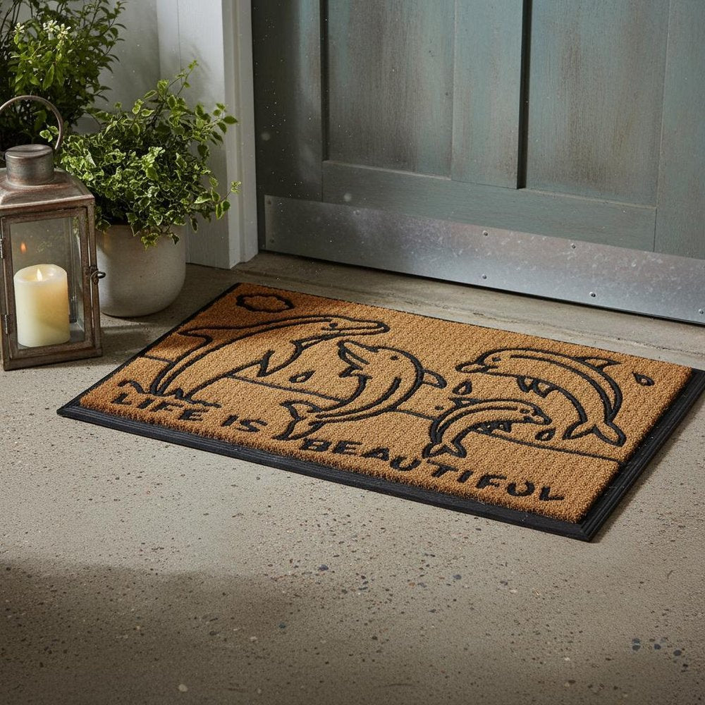 18" X 30" Brown and Black Rubber And Coir Dolphin Life is Beautiful Outdoor Door Mat HomeRoots