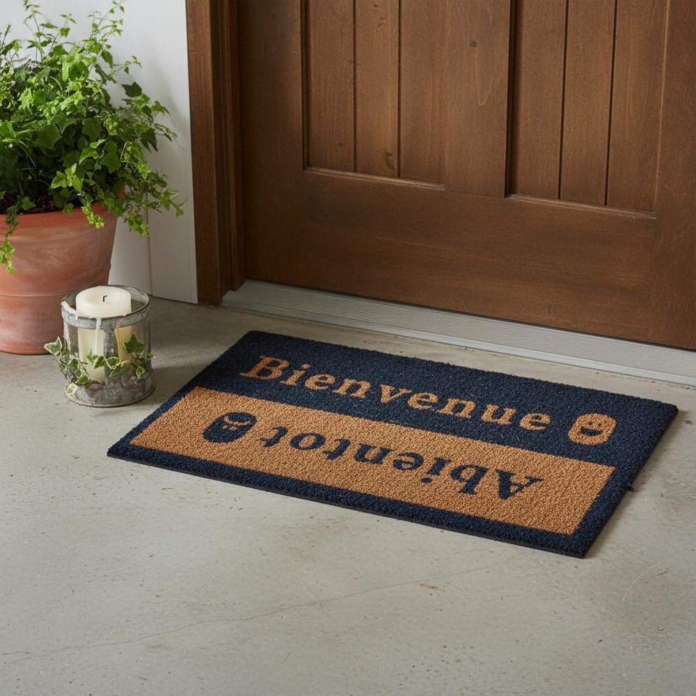 18" X 30" Brown and Blue Coir Bienvenue Abientot Outdoor Door Mat HomeRoots