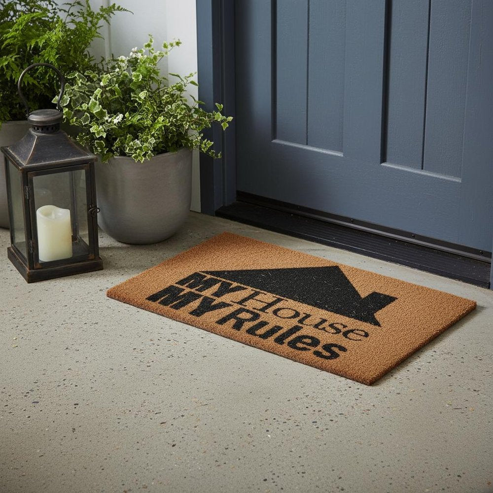 18" X 30" Brown and Black Coir My House My Rules Outdoor Door Mat HomeRoots