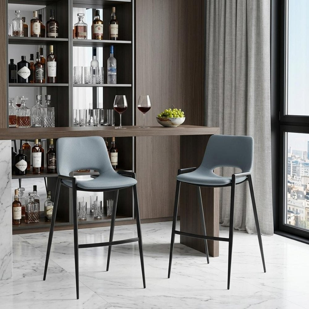 Set of Two 30" Blue And Black Faux Leather And Fabric And Steel Low Back Bar Height Bar Chairs HomeRoots