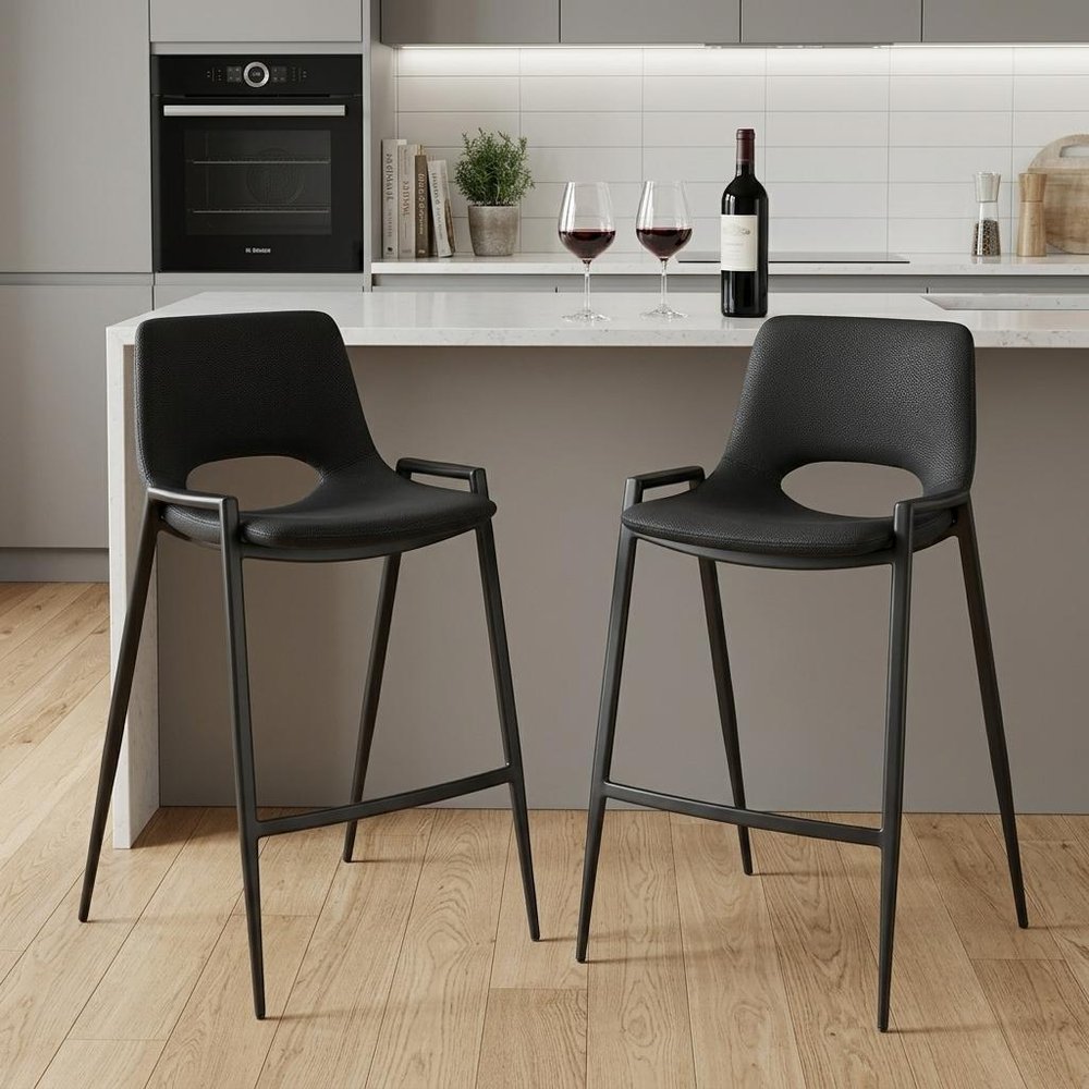Set of Two 26" Black Faux Leather And Fabric And Steel Low Back Counter Height Bar Chairs HomeRoots