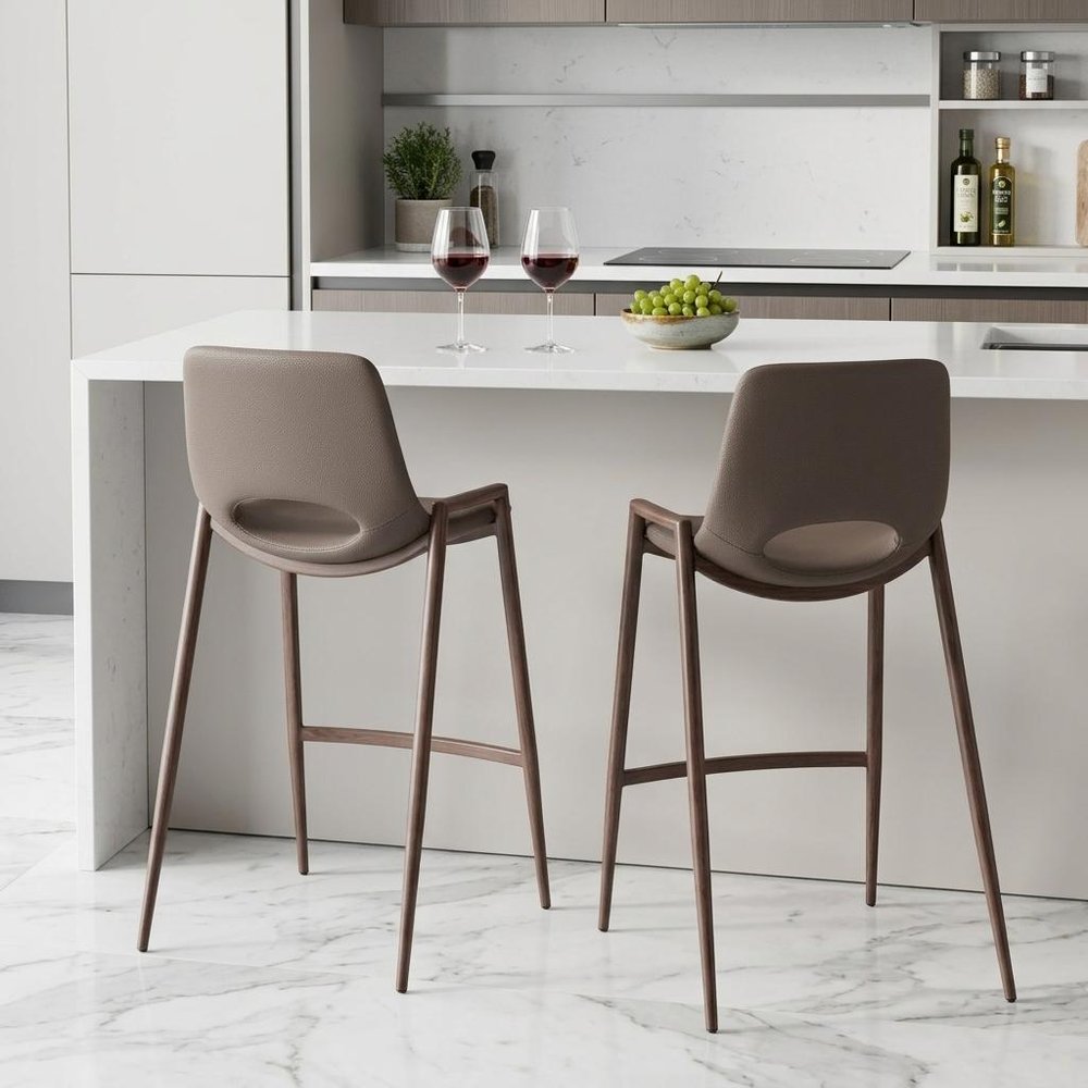 Set of Two 26" Brown Faux Leather And Fabric And Steel Low Back Counter Height Bar Chairs HomeRoots