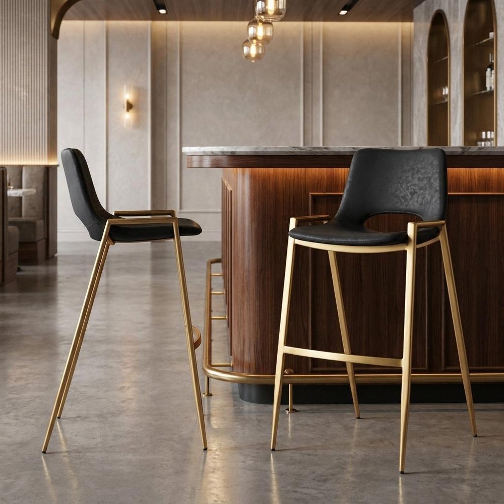 Set of Two 30" Black And Gold Faux Leather And Steel Low Back Bar Height Bar Chairs HomeRoots