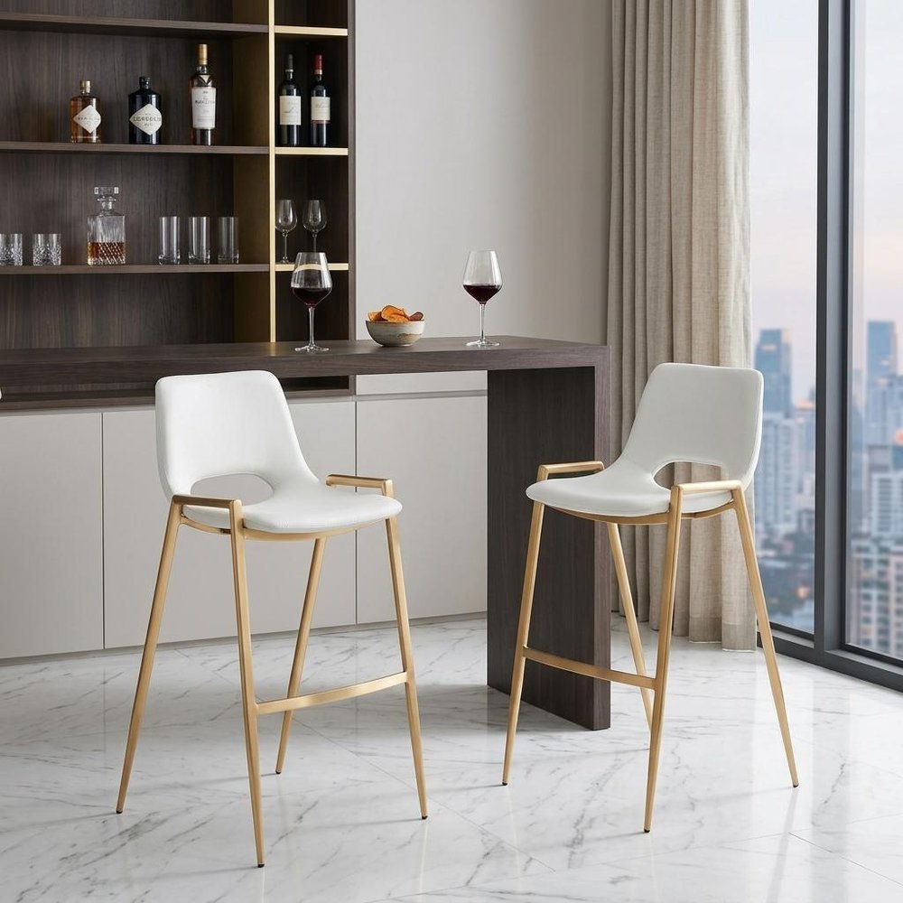 Set of Two 30" White And Gold Faux Leather And Fabric And Steel Bar Height Bar Chairs HomeRoots