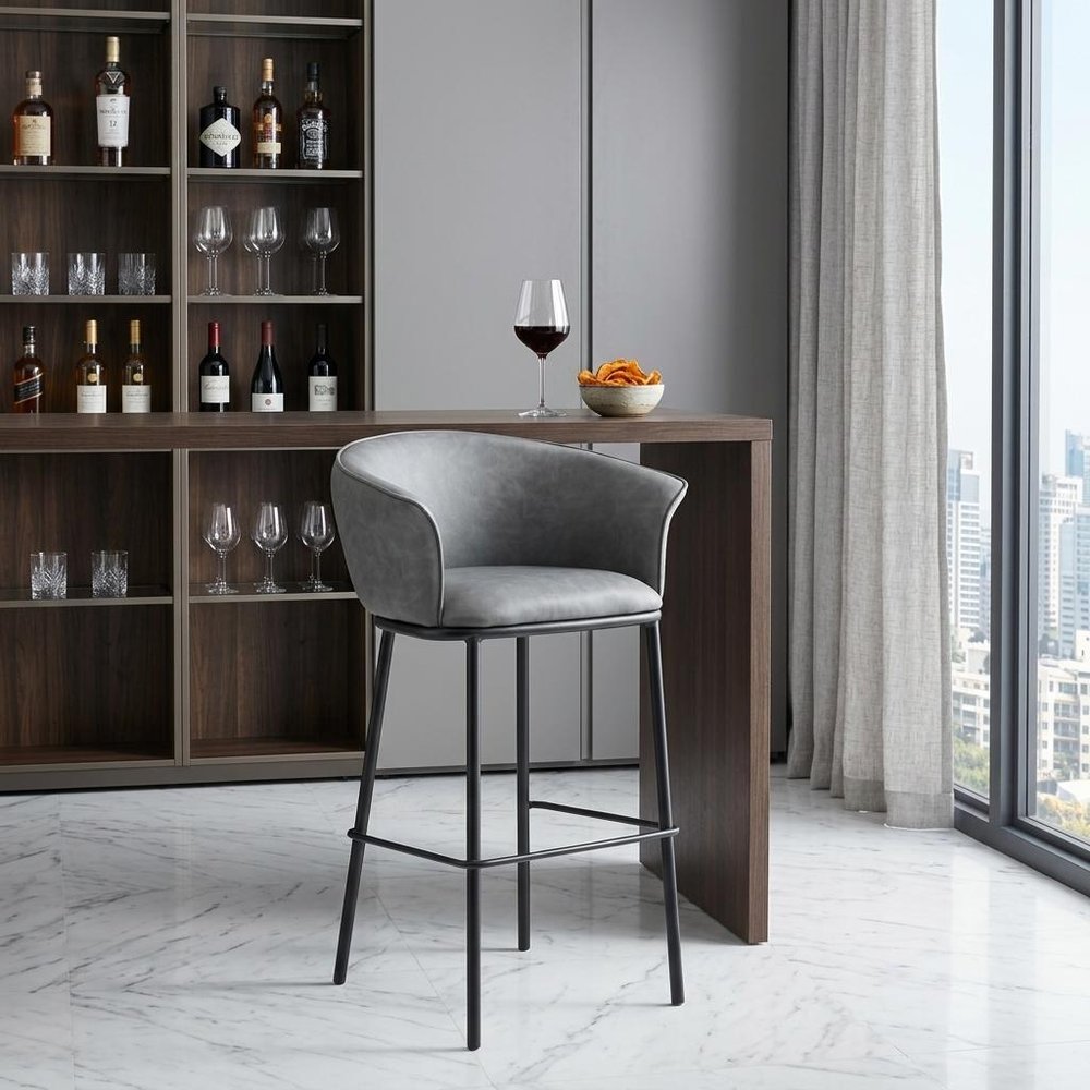 30" Gray And Black Faux Leather And Fabric And Steel Bar Height Bar Chair HomeRoots