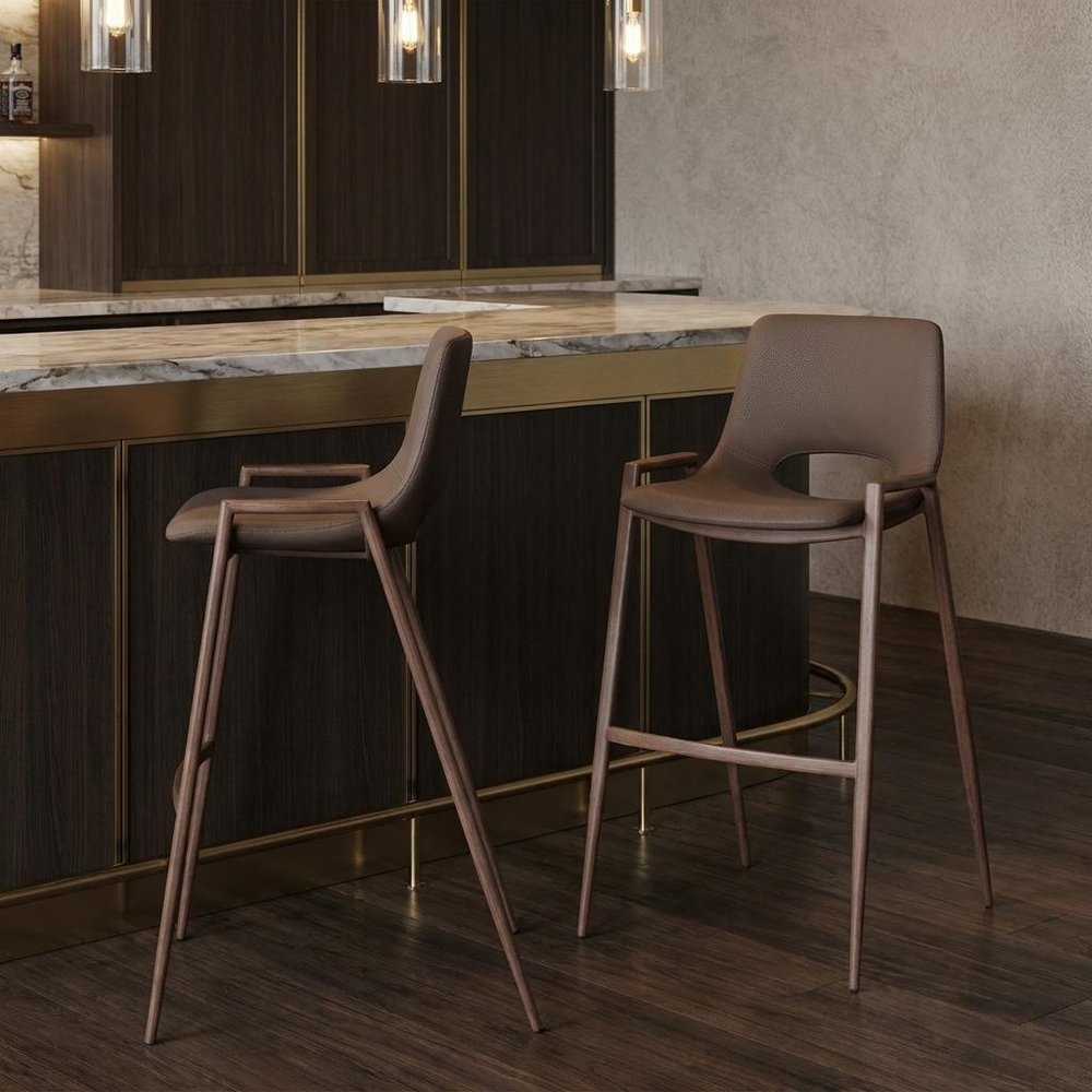 Set of Two 30" Brown Faux Leather And Fabric And Steel Low Back Bar Height Bar Chairs HomeRoots