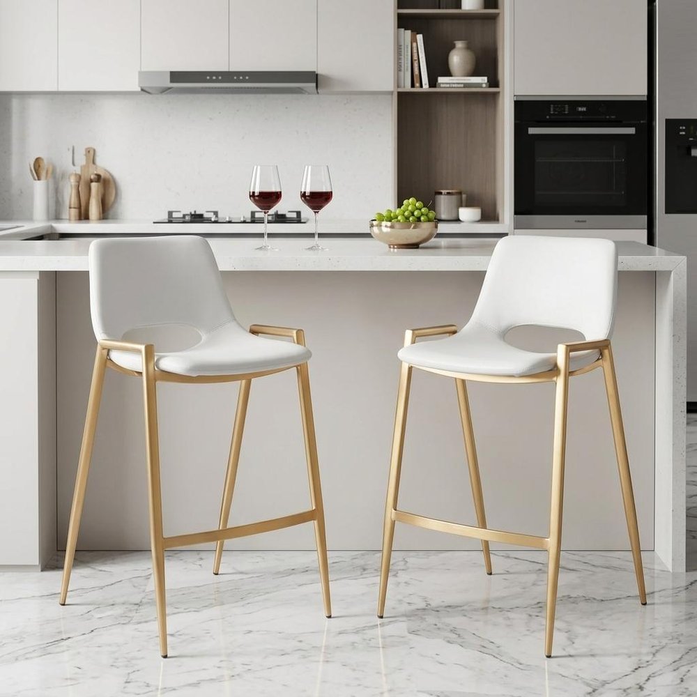 Set of Two 26" White And Gold Faux Leather And Fabric And Steel Low Back Counter Height Bar Chairs HomeRoots