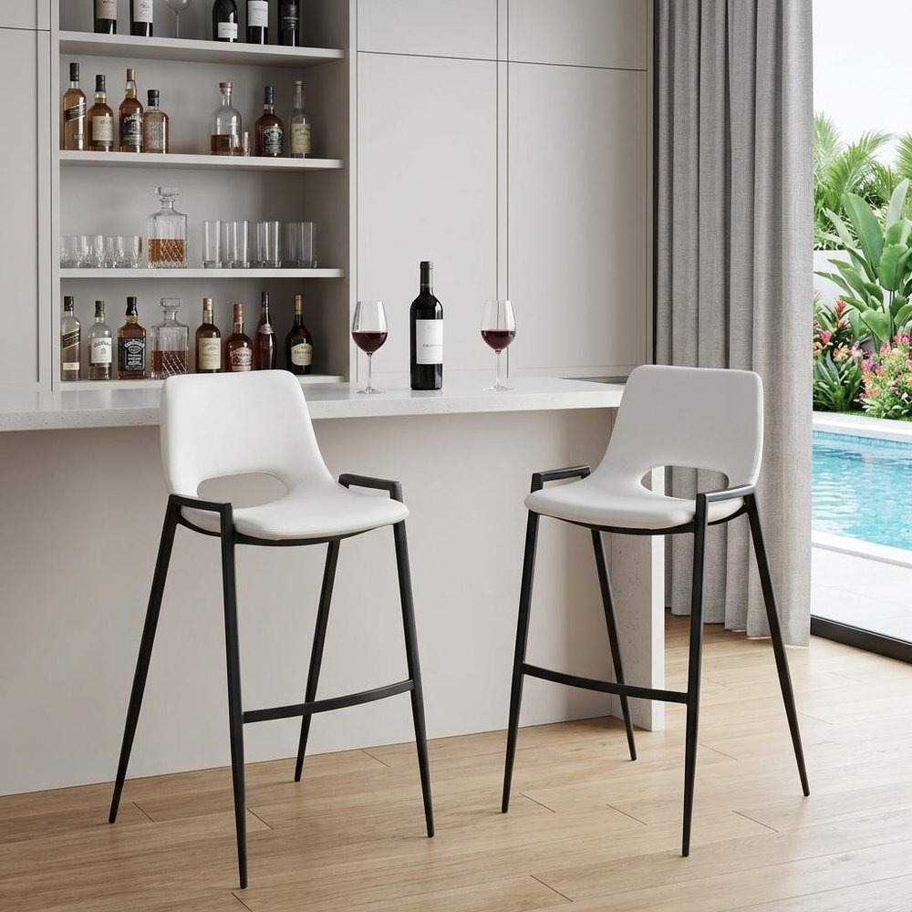 Set of Two 30" White And Black Faux Leather And Fabric And Steel Low Back Bar Height Bar Chairs HomeRoots