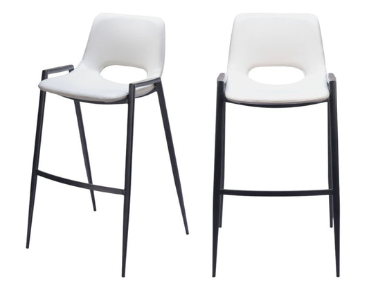 Set of Two 30" White And Black Faux Leather And Fabric And Steel Low Back Bar Height Bar Chairs HomeRoots