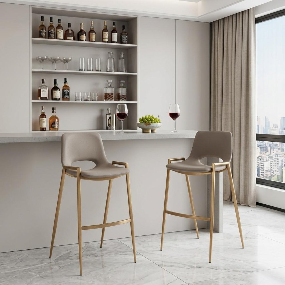 Set of Two 30" Beige And Gold Faux Leather And Fabric And Steel Low Back Bar Height Bar Chairs HomeRoots