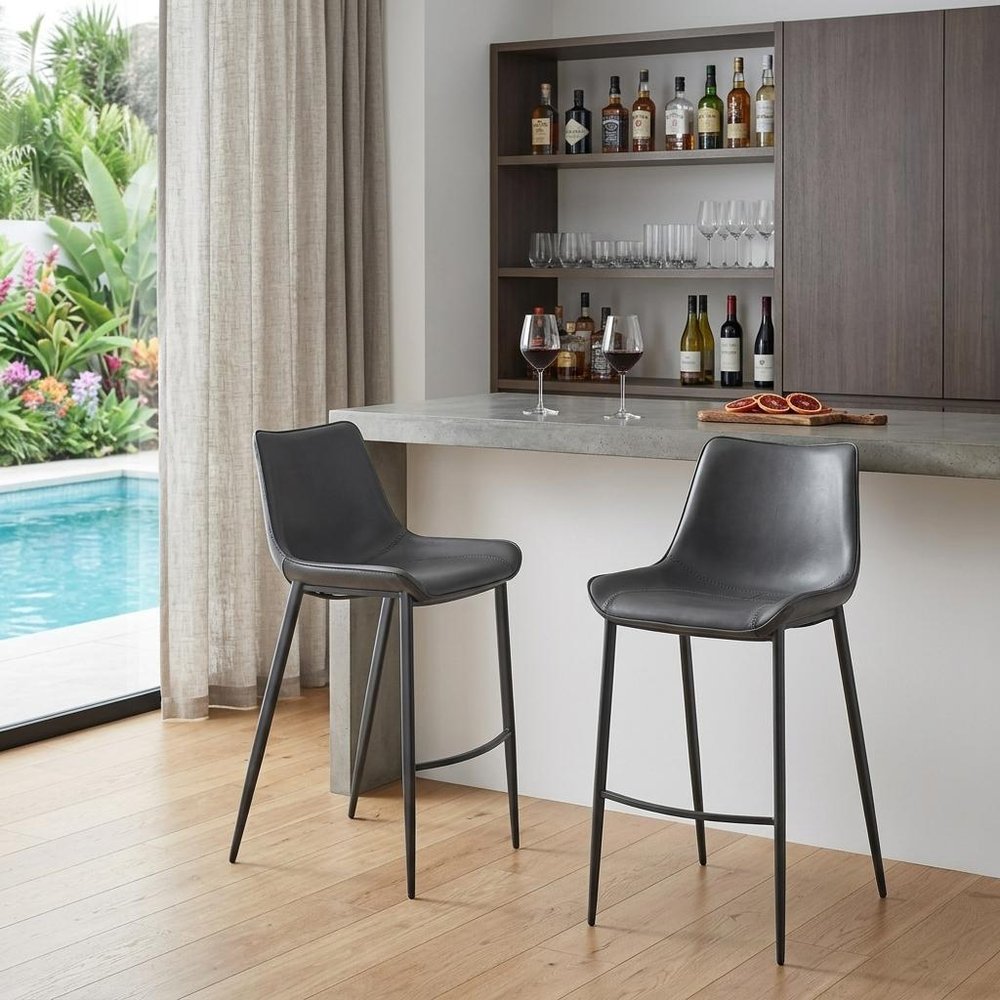 Set of Two 30" Dark Gray And Black Faux Leather And Fabric And Steel Bar Height Bar Chairs HomeRoots