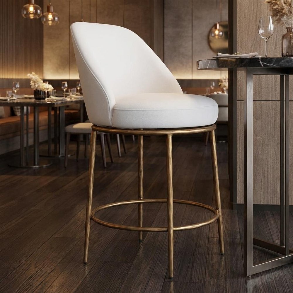 24" Beige And Gold Fabric And Steel Counter Height Swivel Bar Chair HomeRoots