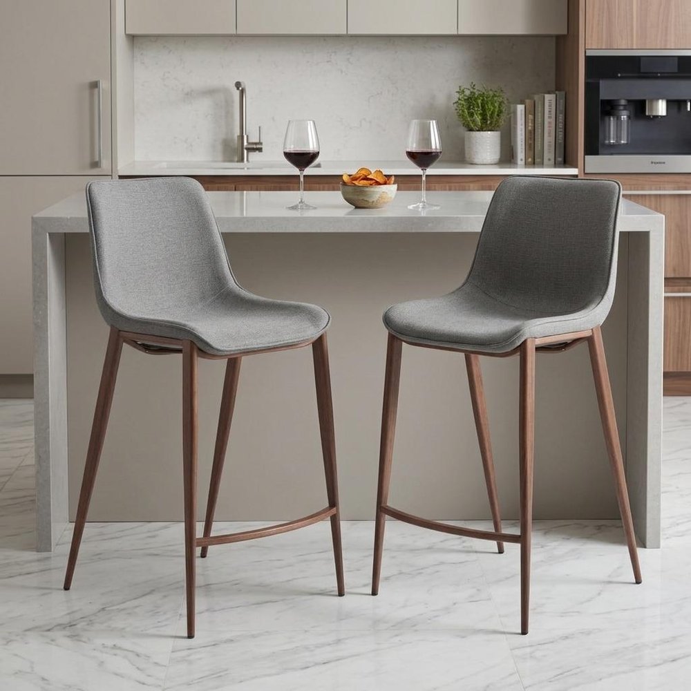 Set of Two 26" Slate Gray And Brown Faux Leather And Fabric And Steel Counter Height Bar Chairs HomeRoots