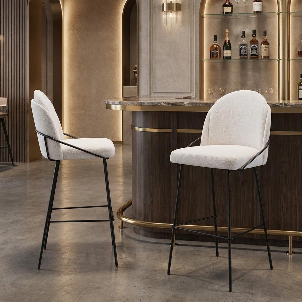 Set of Two 30" Ivory And Black Shearling And Fabric And Steel Bar Height Bar Chairs HomeRoots