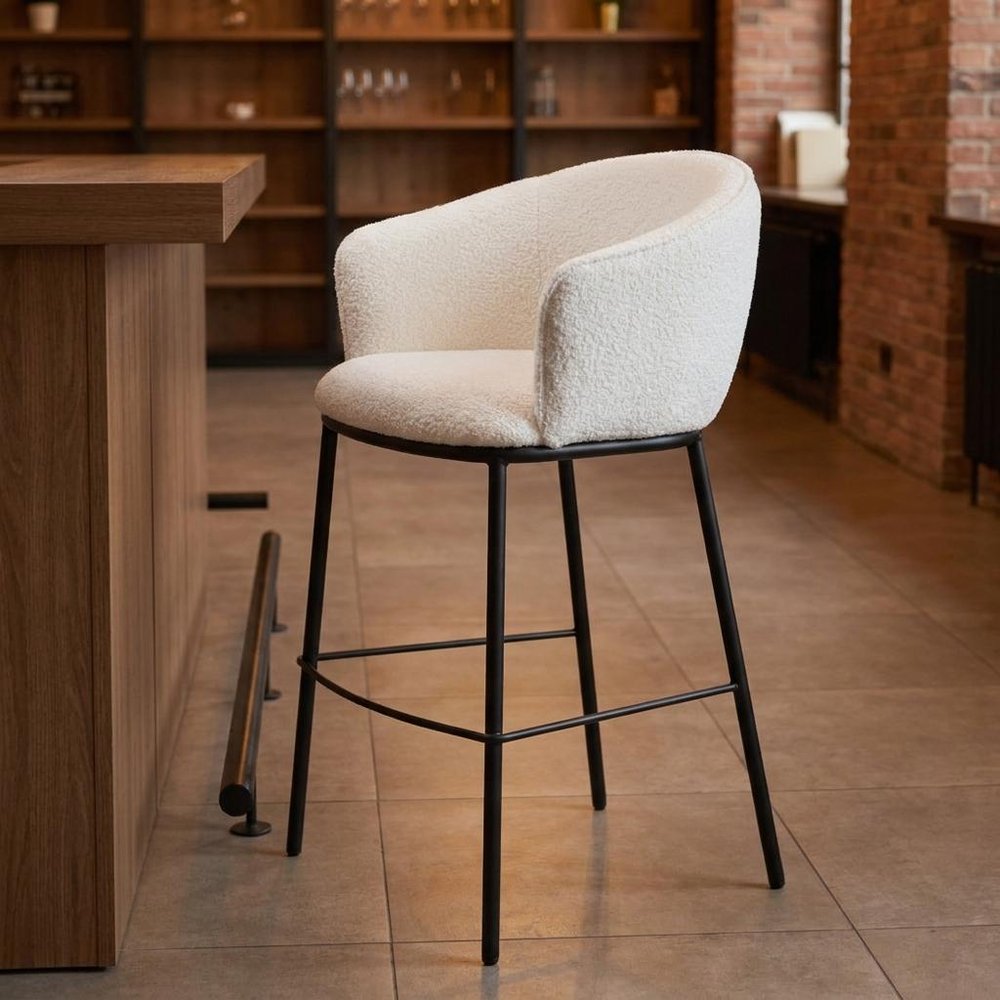 30" Ivory And Black Shearling And Fabric And Steel Bar Height Bar Chair HomeRoots