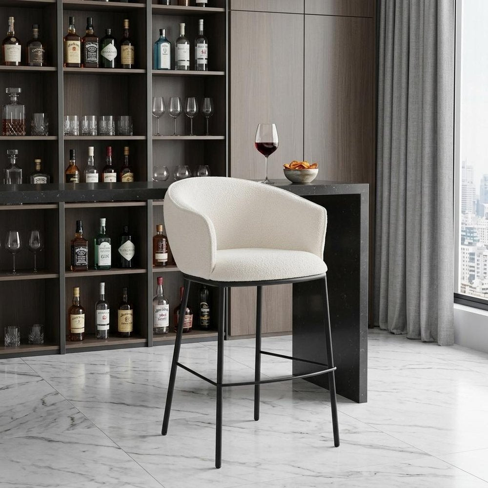 30" Ivory And Black Shearling And Fabric And Steel Bar Height Bar Chair HomeRoots