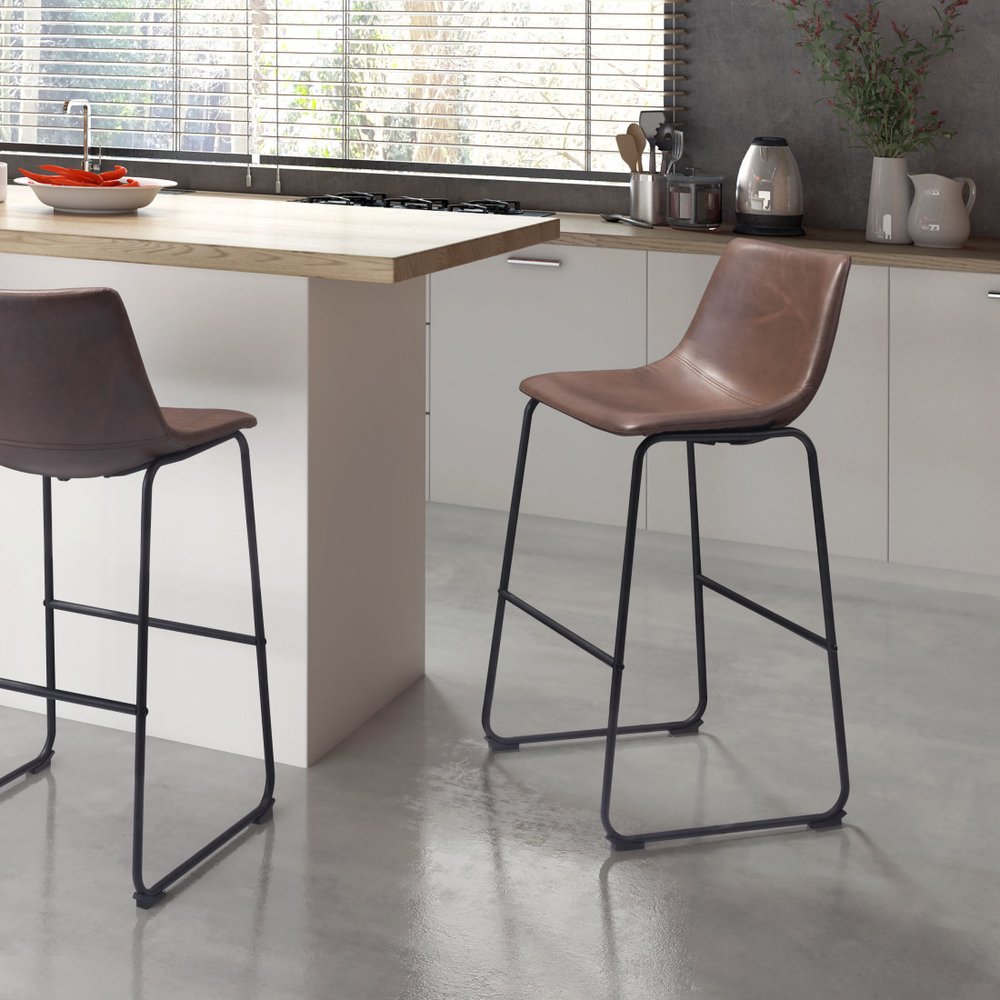 Set of Two 29" Espresso and Black Faux Leather and Steel Counter Height Bar Chairs HomeRoots