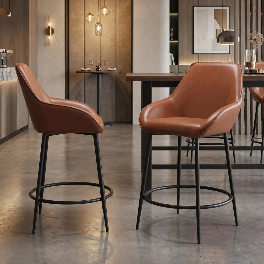 Set of Two 25" Brown And Black Faux Leather And Fabric And Steel Counter Height Bar Chairs HomeRoots