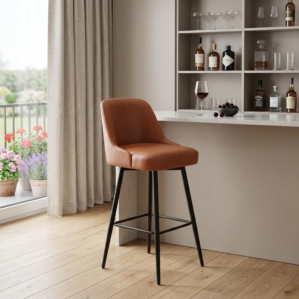 30" Brown And Black Faux Leather And Fabric And Steel Bar Height Swivel Bar Chair HomeRoots