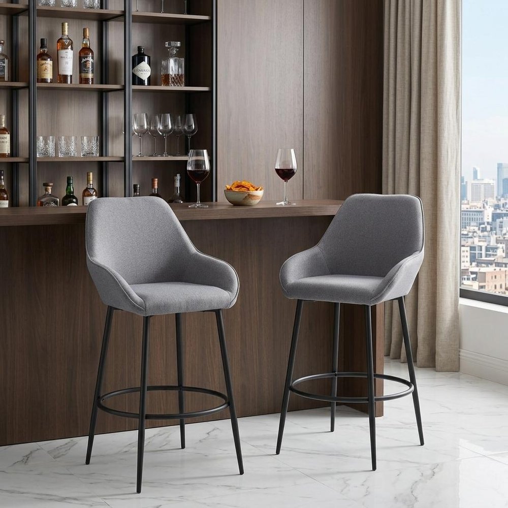 Set of Two 30" Gray And Black Fabric And Steel Bar Height Bar Chairs HomeRoots