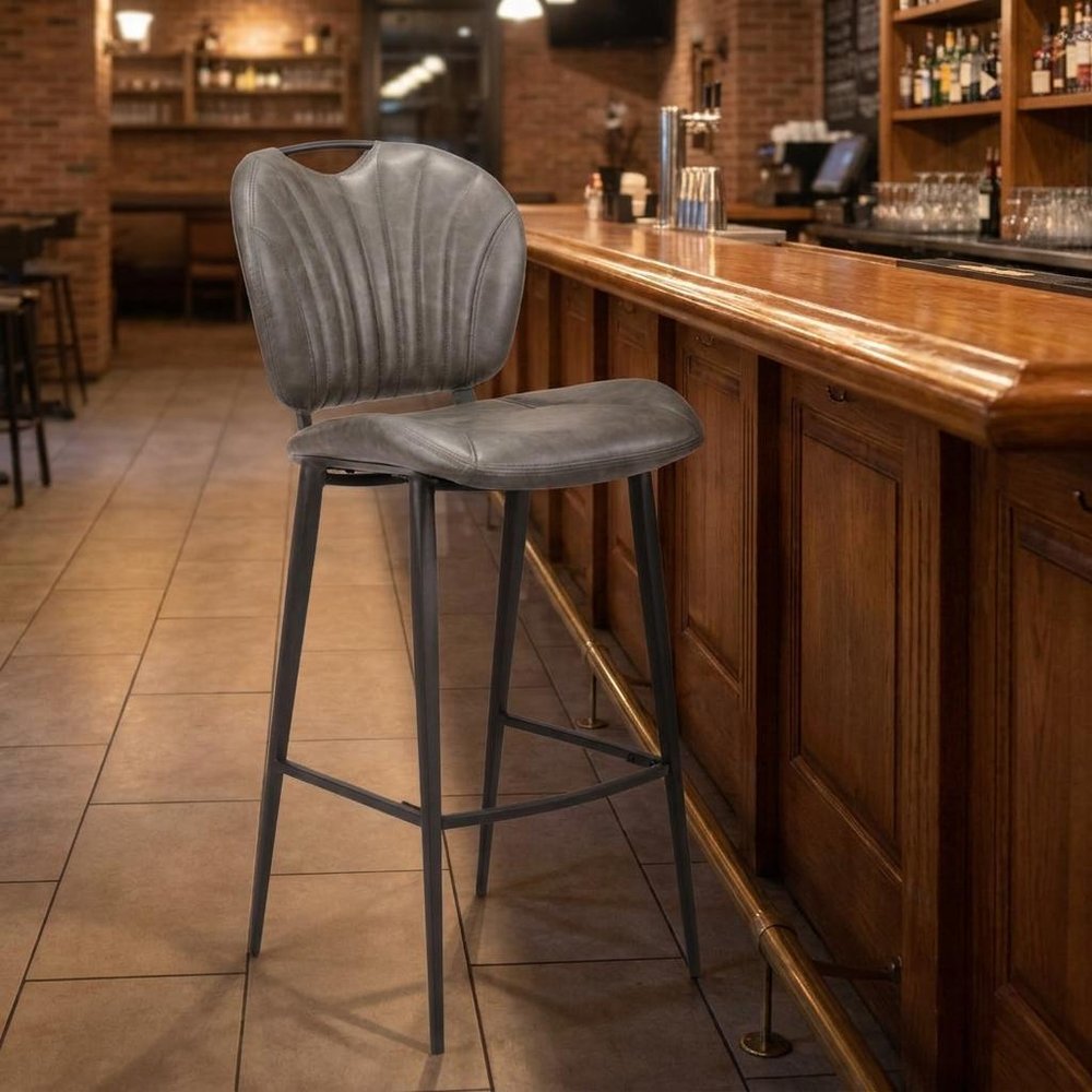 30" Gray And Black Faux Leather And Fabric And Steel Low Back Bar Height Bar Chair HomeRoots