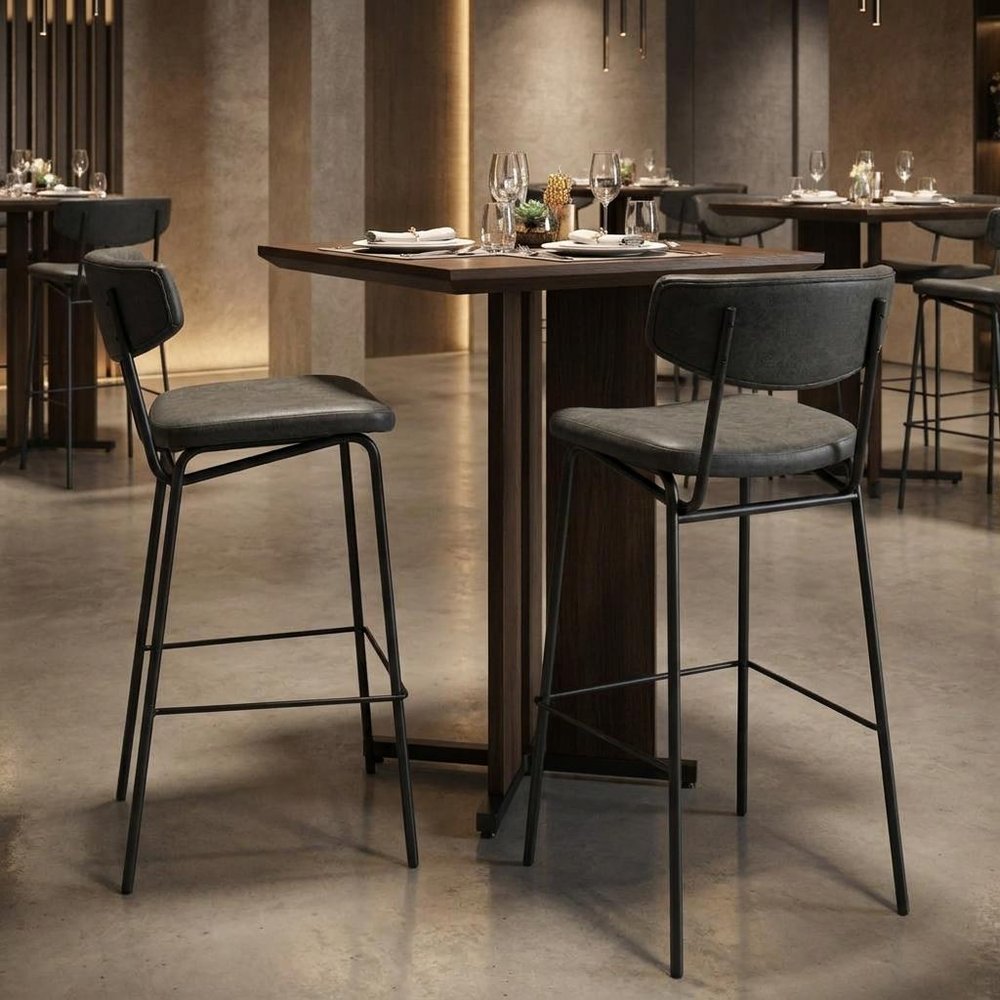 Set of Two 26" Black Faux Leather And Steel Low Back Counter Height Bar Chairs HomeRoots