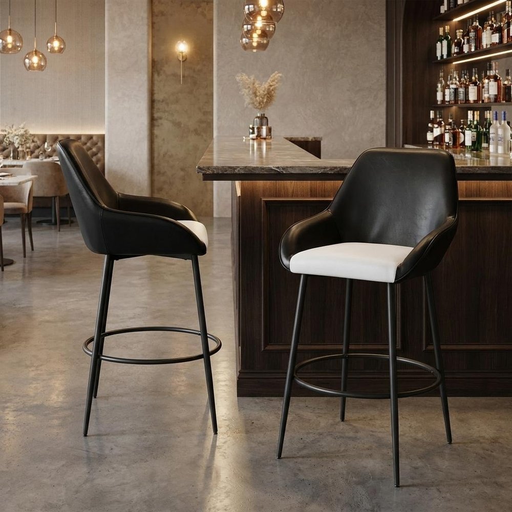 Set of Two 30" Black Faux Leather And Fabric And Steel Bar Height Bar Chairs HomeRoots