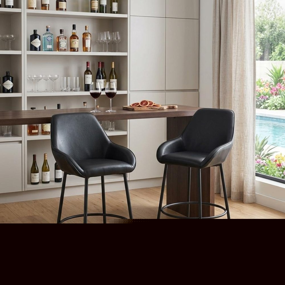 Set of Two 30" Black Faux Leather And Steel Bar Height Bar Chairs HomeRoots