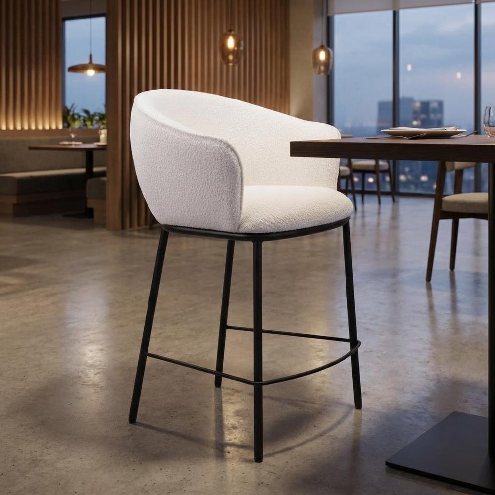 26" Ivory And Black Shearling And Fabric And Steel Counter Height Bar Chair HomeRoots