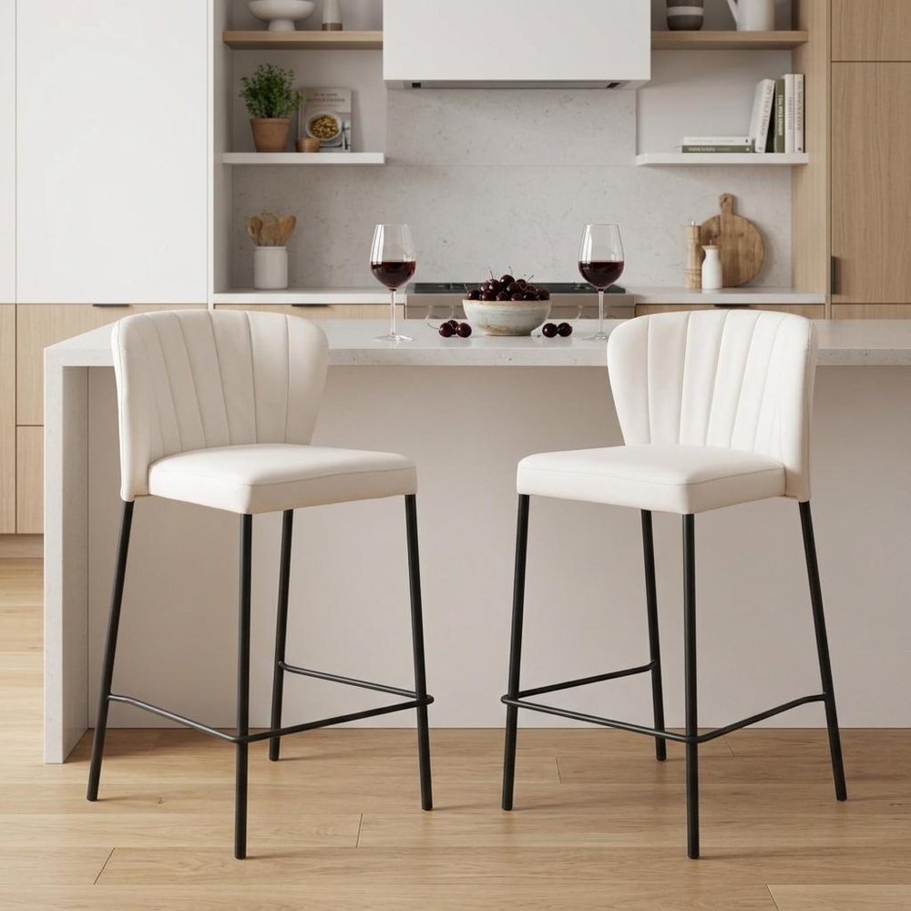 Set of Two 26" Cream And Black Faux Leather And Fabric And Steel Counter Height Bar Chairs HomeRoots